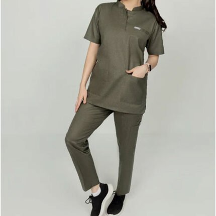 Vervedo Olive Green Mandarin Collar Unisex Blended Scrubs