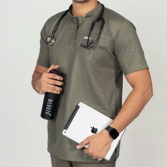 Vervedo Olive Green Mandarin Collar Unisex Blended Scrubs - Image 2